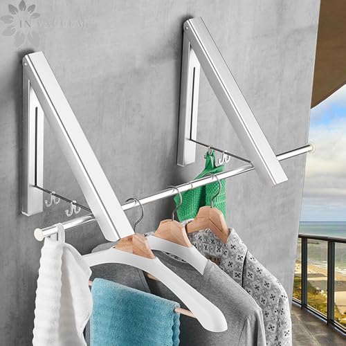 Clothes Drying Rack Folding Indoor, Wall Mounted Drying Racks for Laundry - color: 2 Racks With Rod Sliver