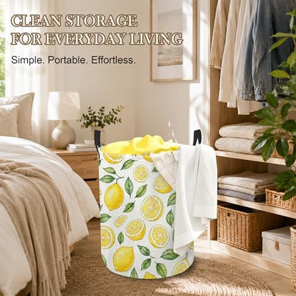 Lemon Slices Laundry Basket, Green Leaves Collapsible Laundry Hamper Waterproof Oxford Cloth With Handles, Clothes Storage Bucket For Bathroom/Bedroom 16" x 20.8" - color: Lemon Slices