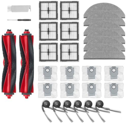 30Packs Accessories Kit Compatible with Roborock Q10V/Q10 PF/Q10 V+/ Q10 P+/Q10 VF/VF+/P/PF+ Robot Vacuum Cleaner, Include 2 Main Brush,6 Mop Clothes,6 Hepa Filters,6 Side Brush,8 Dust Bag,2 Tool