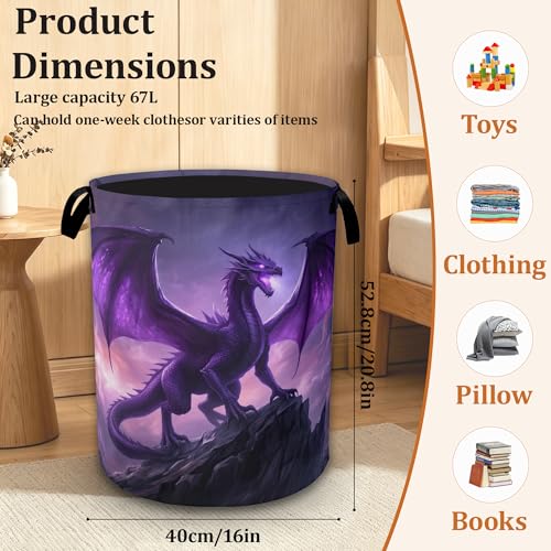 Magical Dragon Laundry Basket with Handles, Waterproof Foldable Laundry Hamper, Large Capacity Oxford Cloth Clothes Storage Basket for Bathroom Bedroom Dorm - color: Magical Purple Dragon