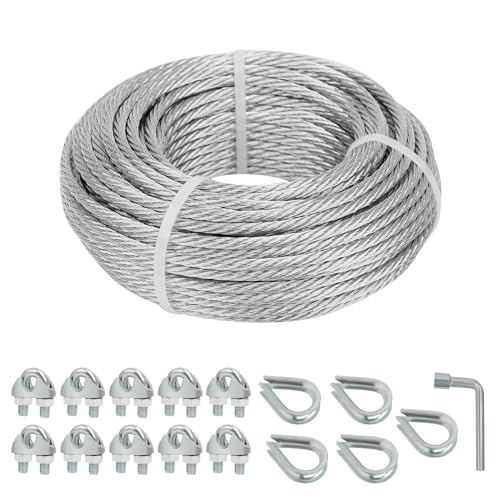 Galvanized Steel Wire Rope Cable, 3/16” Galvanized Steel Cable with Rope Clamp and Thimble, 7X7 Strand Core Aircraft Cable Used for Anchored Shed, Fencing, Sunshade, Clothesline (50ft) - size: 5mm, style: 50FT