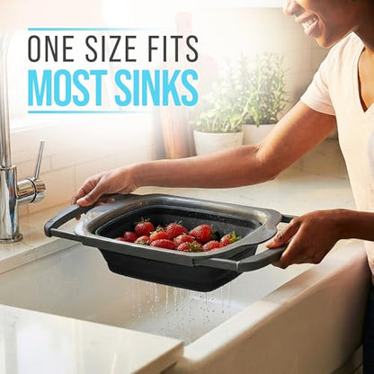 Comfify Over-the-Sink Colander with Handles – Sleek Plastic Black Kitchen Strainer for Pasta, Vegetables & Fruits – Space-Saving Design – 17.1 x 10.2 x 1.75 Inches - color: Black