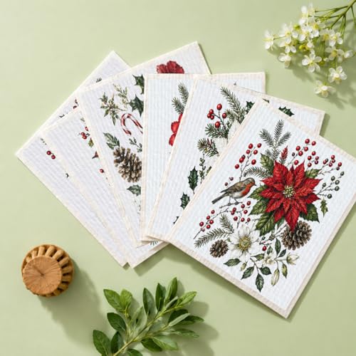 Shwing Swedish Dishcloths for Kitchen 6 Pack Christmas Floral Holly Berry Reusable Paper Towels Kitchen Towels Dish Cloths for Washing Dishes Washable Quick Drying Absorbent Cleaning Cloths - color: Christmas Floral Holly