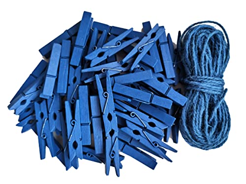 1.9 Inch Blue Clothespins Wall Decor Hang Pictures Artwork Kitchen Clips for Chip Bags with Sturdy Twine String Pack 50 - color: 50pcs (2 Inch) Blue + Jute Twine