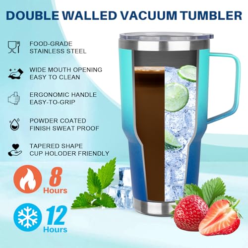 30 oz Stainless Steel Tumbler with Handle, Double Wall Vacuum Insulated Coffee Mug with Lid and Straw, Thermal Cup for Cold and Hot (Light Dark Blue) - color: Light Dark Blue, size: 30 Ounces