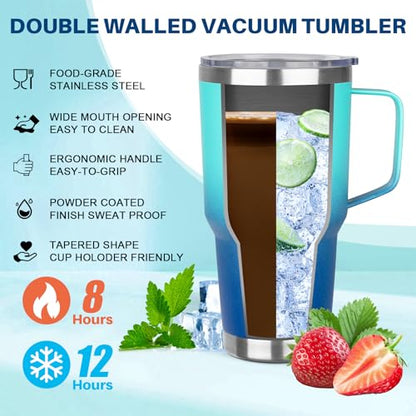 30 oz Stainless Steel Tumbler with Handle, Double Wall Vacuum Insulated Coffee Mug with Lid and Straw, Thermal Cup for Cold and Hot (Light Dark Blue) - color: Light Dark Blue, size: 30 Ounces