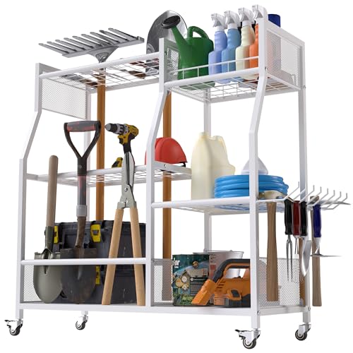 HOTEAGLE Yard Tool Organizer for Garage 35.4" Width High Stability Outdoor Metal Utility Rolling Cart with Mute Wheels, 18.5mm Thick Rods Ideal Garden Tool Rack, Easy to Clean,White