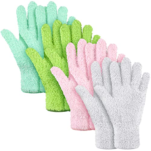 Bencailor 4 Pairs Microfiber Dusting Gloves Washable Reusable Cleaning Gloves Mittens for Plants House Cleaning Car Blinds - color: Green, Water Blue, Pink, White, size: Large