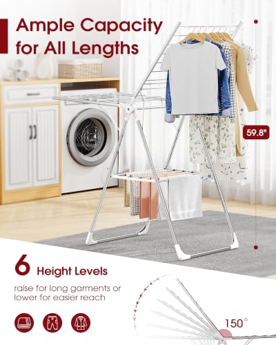 Sakugi Clothes Drying Rack, 55.5" Adjustable Wings, Foldable Design - color: Silver & White, size: Large (55.5"L x 22.8"W x 36.6"H)