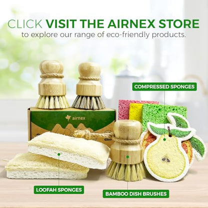 AIRNEX Bamboo Dish Brush Set of 3 - Natural Wooden Dish Scrubber w/Medium Stiff Sisal & Coconut Bristles - Kitchen Scrub Brush for Dishes, Pots & Pans - Plastic Free, Non Scratch Bristles