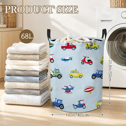 Toy Vehicles Laundry Basket, Airplane Car Collapsible Laundry Hamper Waterproof Oxford Cloth With Handles, Clothes Storage Bucket For Bathroom/Bedroom 16" x 20.8" - color: Toy Vehicles