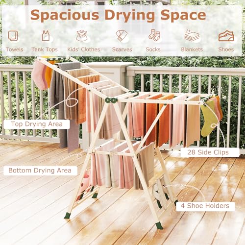 GIANTEX Foldable Metal Clothes Drying Rack, 55.5" Height Adjustable Wings - color: Beige, size: 55.5"L x 39"-58"H