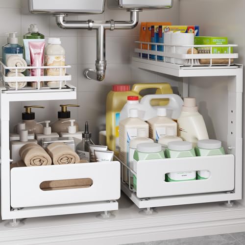 Under Sink Organizer Upgrade To Professional Rails,2-Tier Dual Pull Out Cabinet Storage,Height Adjustable Slide Out Drawers For Bathroom Kitchen,2 Pack-14.5" Dx12.8-16.9" H,White - color: White, size: 2 Pack-14.5"Dx12.8"-16.9"H