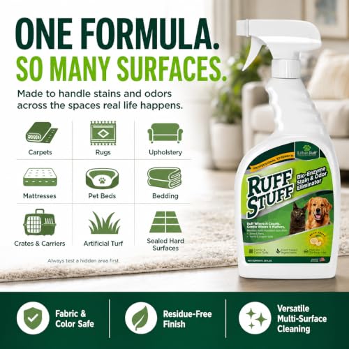 RUFF STUFF Max-Strength Bioenzyme Cleaner, Pet Stain & Odor Eliminator, Laundry Stain Remover Spray for Clothes, Dog Urine Carpet & Upholstery Cleaner, Lemon Scent, 32 Fl Oz