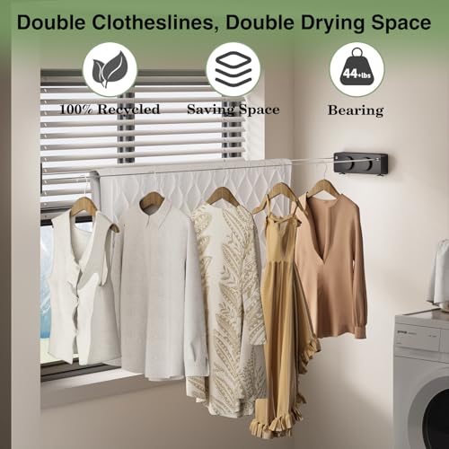 Danpoo Retractable Clothesline, Anti-Sag Adjustable Knob Heavy-Duty Clothes Line for Indoors/Outdoors with 2 * 13.8ft Stainless Steel Wire, Laundry Wall Drying Solutions,Black - style: Black