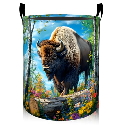 Strong Bison in Birch Forest with Floral Laundry Basket 19.7"x15.7", Collapsible Dirty Clothes Waterproof Laundry Hamper Organizer Toy Storage Bin for Dorm Nursery Bathroom Decor - style: Bison06