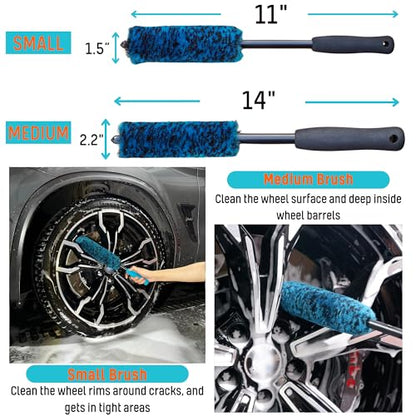 oesee Professional 4 Pack Long Handle Wheel Brush Kit for Cleaning Wheel and Tire- 2X Soft Wheel Cleaning Brush, Detailing Brush and Stiff Tire Brush, Bendable& Durable Wheel Rim Cleaner Brush Set - size: 7 Pack (Blue & Black)