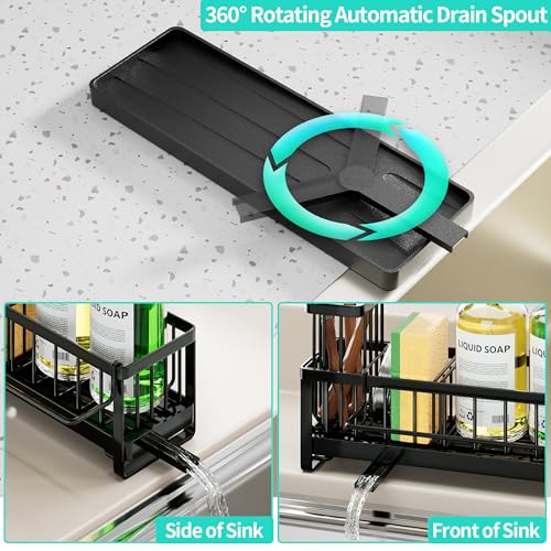 HapiRm Sponge Holder for Kitchen Sink - Self-draining Sink Caddy with Brush and Dishcloth Holder, Stainless Steel Sponge Caddy for Countertop - Black(Large) - color: Black-Large, size: with Dishcloth Holder