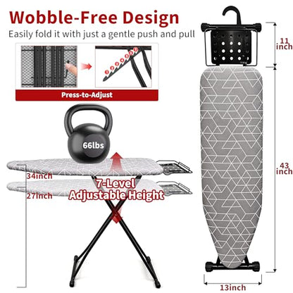 Ironing Board, 43"×13" with Iron Rest, 4 Layer & 7 Adjustable Height Sturdy - color: Geometric Gray, size: 43"L x 13"W
