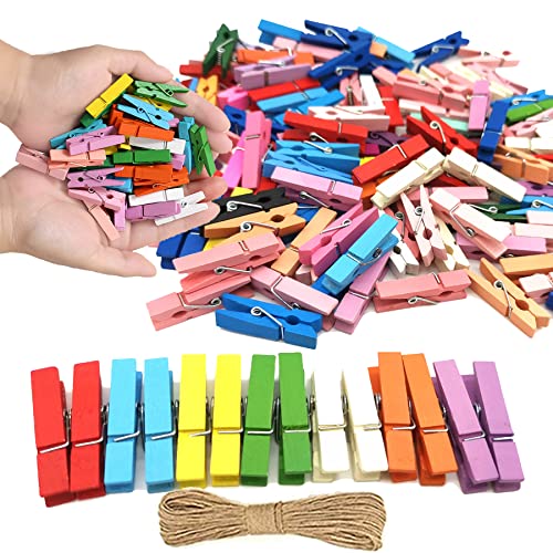 1.35 Inch Mini Clothes Pins for Photo100 Pcs with 32 Feet Jute Twine, Mini Clothes Pins for Crafts, Wooden Small Clothespins for Pictures, Tiny Decorative Clothespins for Baby Shower (10 Colors) - color: 10 Colors 100pcs