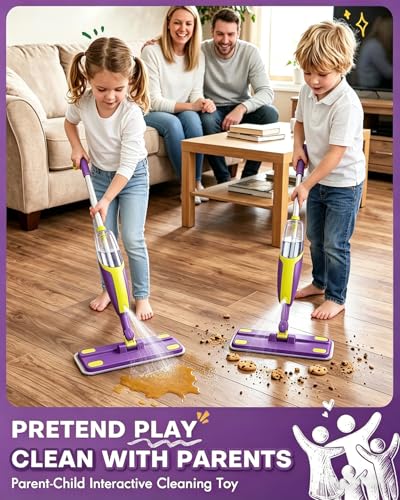 Kids Spray Mop, Fun & Functional Toddler Mop Cleaning Set,Real Working Mini Mop, Pretend Play Toy –Includes Spray Bottle,Washable Microfiber Pads, Montessori Kids Cleaning Toy Set