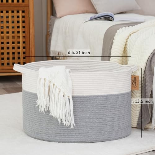 COMFY-HOMI XXXL Large Laundry Basket, Cotton Rope Nursery Woven Basket for Storage, Blanket Baskets Living Room Laundry Hamper, Dog Toy Storage Organizer, Home Decor-21''x21''x13.6''-White/Grey - color: grey, size: 21''x21''x13.6''