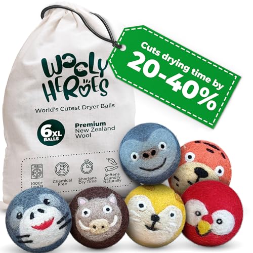 Chemical Free & Baby Safe! Reusable Wool Dryer Balls XL 6-Pack - Reduces Static, Cuts Dry Time, & Softens Naturally - color: Gorilla & Friends