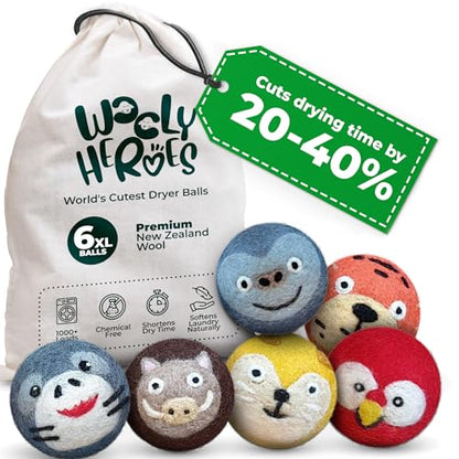Chemical Free & Baby Safe! Reusable Wool Dryer Balls XL 6-Pack - Reduces Static, Cuts Dry Time, & Softens Naturally - color: Gorilla & Friends