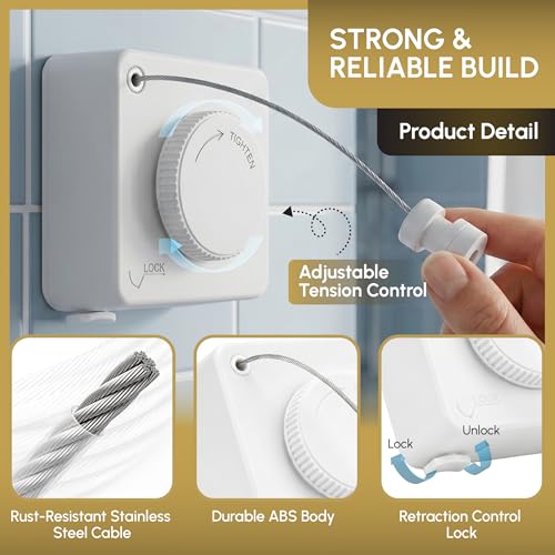 Retractable Clothesline Indoor, Wall Mounted, White - color: White