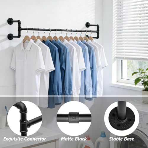 Industrial Pipe Clothing Rack, 53.1 Inch Wall Mounted Clothes Rack, Space-Saving Detachable Heavy Duty Garment Rack for Hanging Clothes, Closet Rod for Laundry Room, 4 Base - size: 53.1 Inches
