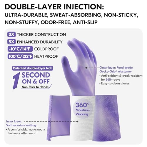 Vgo... Household Cleaning Gloves,Double-layer,Lined Dishwashing Gloves,Long Sleeves for Kitchen,Bathroom Cleaning(TP1117) - color: Violet+white, size: Medium(Pack of 1)