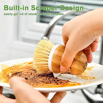 SUBEKYU Bamboo Dish Brush, Kitchen Dish Scrubber Brush with Soap Dispenser, Natural Wooden Dishwashing Brush for Cleaning Dishes/Pans/Pots, Built-in Scraper, Sisal Bristles,1 Set