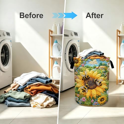 Bee Sunflowers Laundry Basket Foldable Oxford Laundry Hamper With Handle For Room Bathroom Bedroom - color: Bee
