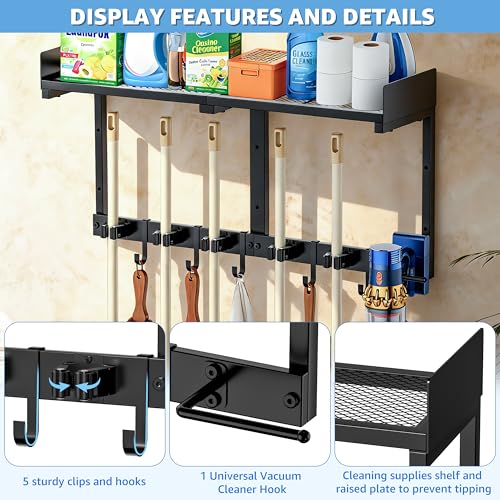 27" Mop and Broom Holder Wall Mount with Top Storage Shelf & Hooks,Black - color: Black, size: Large