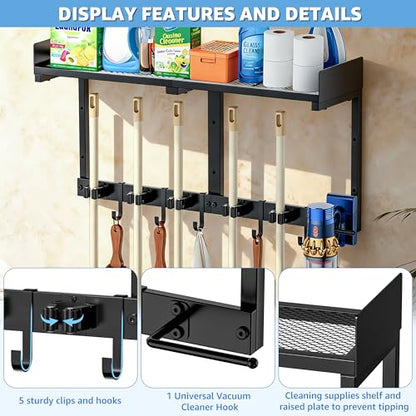 27" Mop and Broom Holder Wall Mount with Top Storage Shelf & Hooks,Black - color: Black, size: Large