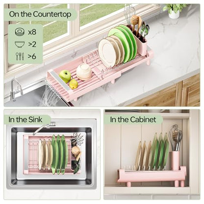 TOOLF Small Dish Drying Rack, Expandable and Space-Saving, Pink - color: Pink
