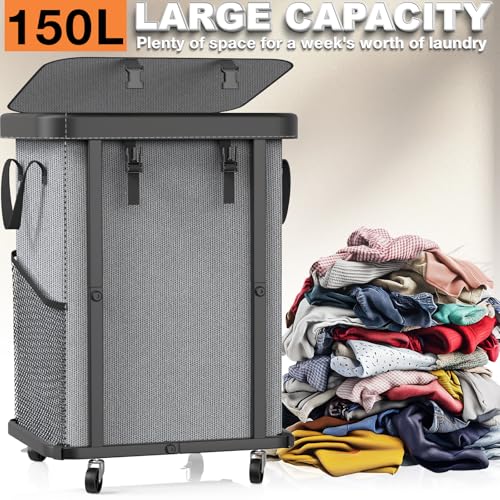 Laundry Basket with Wheels,150L (40 Gal) Rolling Hamper Carts - Gary - color: Gray, size: 1 Section-150L