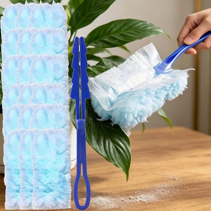 Folding Handle Duster with 10 Refills, Electrostatic Dust Cleaner for Home Car Desk Blinds Ceiling Fans, Portable Dusting Wand for Hair Debris, Light Blue