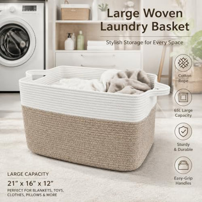 65L Laundry Basket with Handles, Woven Blanket Basket, White/Brown - color: White & Brown, size: 65L