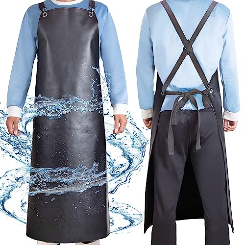 SHEOMERN Waterproof Rubber Apron, 48" XL Anti-Tear Heavy Duty Vinyl Adjustable Thicker Cross Back for Restaurant Dishwashing, Butcher, Lab Work, Dog Grooming - Black - color: Black-xl