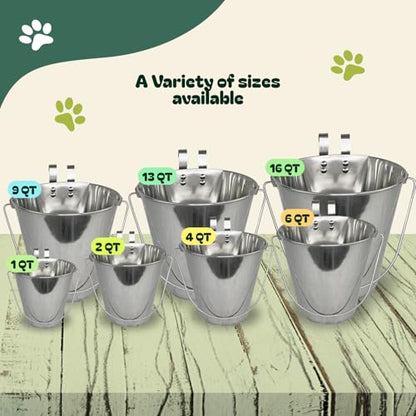 Advance Pet Products 4 Quart Stainless Steel Bucket with Dual Hook | Perfectly Fits on Kennels, Cages and Critter Crates | Heavy Duty Bucket for Pets Cleaning & Food Prep - Flat Sided Pail - size: 4 Quart - Hooked