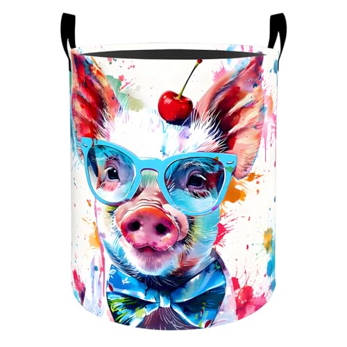 Colorful Pig with Glasses Laundry Basket Hamper for Boys Girls Kids Adults, Foldable Waterproof Oxford Clothes Storage Bin, Funny Farm Animal Organizer for Bedroom Bathroom Room Decor 19.7"x15.7" - style: Pig