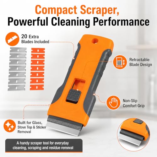 Razor Scraper Tool Set, 20 Blades (10 Metal + 10 Plastic) for Glass Stove
