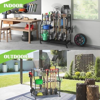 keomaisyto Garden Tool Holder Organizer with Heavy Duty Wheels for Garage - size: 36.2W*16.5"D*37"H-with Wheels
