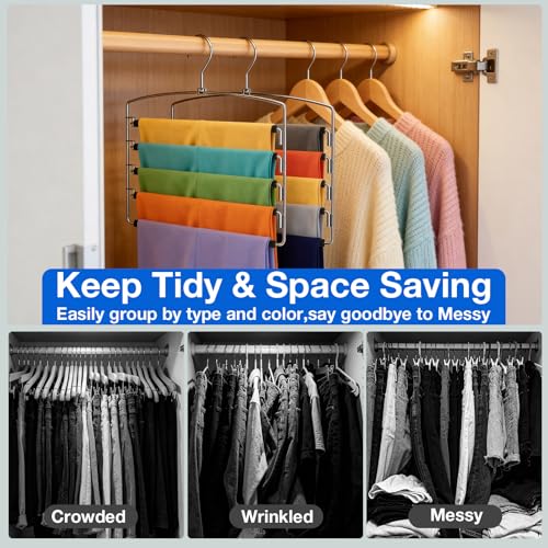 Korpai 6-Pack Pants Hangers Space-Saving Multi-Layer,150° Rotate Metal Swing Arm Non Slip Foam Padded,Closet Organizers and Storage 360 Swivel Top Hook for Jeans,Trouser,Slacks,Skirt,Scarfs,Towels ect