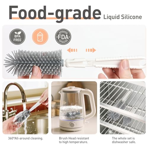 Travel Bottle Cleaner Kit, 6-in-1 Baby Bottle Brush Set with Silicone Brush - color: White