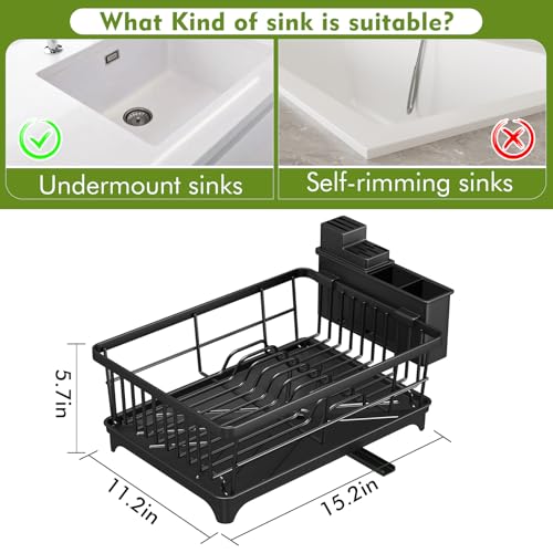 Kmiectse Dish Drying Rack for Small Kitchen Counter with Utensil Holder - color: Black
