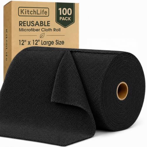 Microfiber Cleaning Cloth Roll, 100 Pack 12 x 12 Inch Tear Away Reusable Paper Towels, Thick Cleaning Towels, Absorbent Lint Free Washable Rags for Kitchen, Car, Garage and Workshop - Black - color: Black