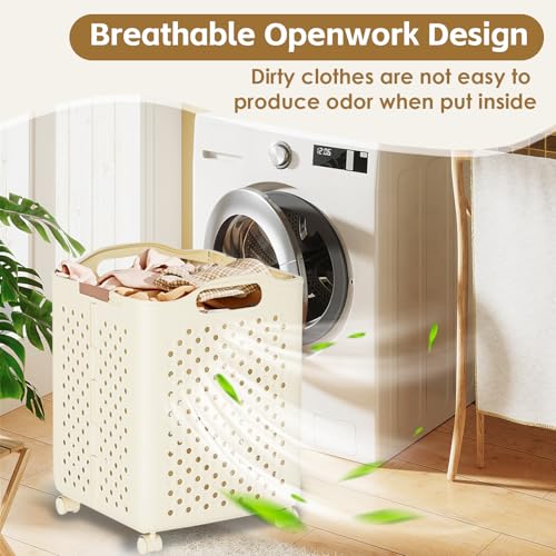 57L Foldable Collapsible Laundry Basket, with Wheels+Handles(Cream White) - color: Cream White