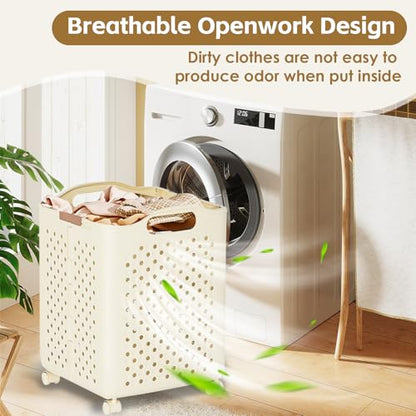 57L Foldable Collapsible Laundry Basket, with Wheels+Handles(Cream White) - color: Cream White